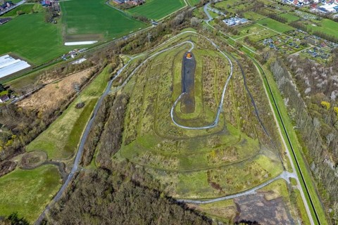 Aerial view, Humbert spoil tip with spoil tip sign, Herringen, Hamm, Ruhr area, North