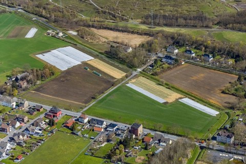 Aerial view, agricultural area Hoppeistraße, asparagus cultivation, Herringen, Hamm, Ruhr area,