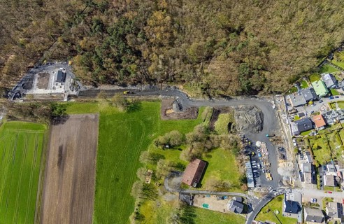 Aerial view, construction site Hoppeibach for new pumping station Bocksheideweg near Sundernwald in