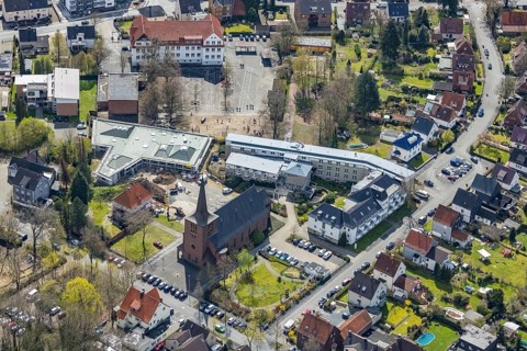 Aerial view, construction site and new building Haus der Begegnung für die Gemeinde und die