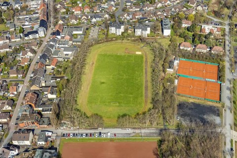 Aerial view, GlückaufStadion und Tennisclub Herringen tennis courts, Herringen, Hamm, Ruhr area,
