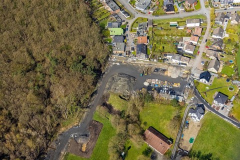 Aerial view, construction site Hoppeibach for new pumping station Bocksheideweg near Sundernwald in