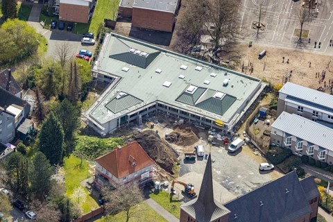 Aerial view, construction site and new building Haus der Begegnung für die Gemeinde und die