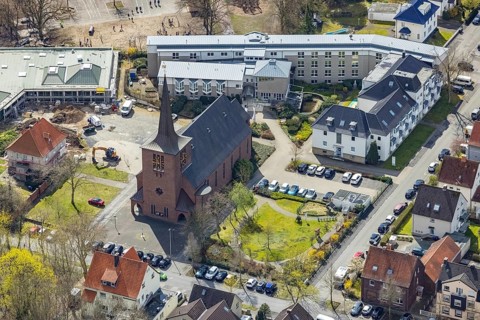 Aerial view, construction site and new building Haus der Begegnung for the parish and the all-day