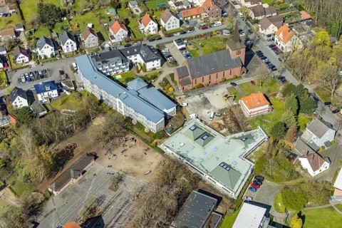 Aerial view, construction site and new building Haus der Begegnung for the parish and the all-day