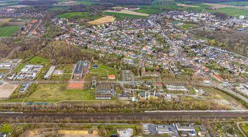 Aerial view, commercial area Ökozentrum Sachsenweg, Alfred-fisherman-Halle in Heessen, Hamm, Ruhr