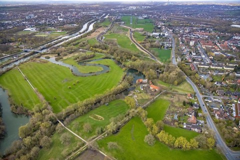 Aerial view, planned renovation of the castle mill on the millrace at the mill pond, Heckmann