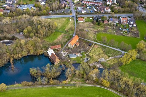 Aerial view, planned renovation of the castle mill on the millrace at the mill pond, Heckmann