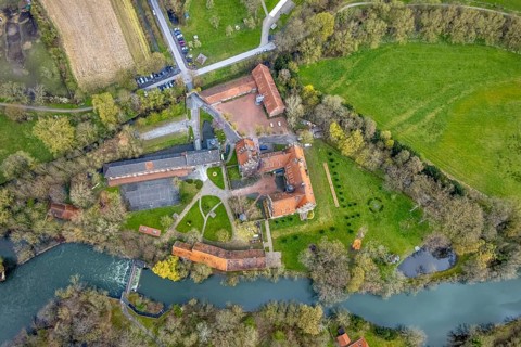 Aerial view, Heessen Castle, public school and boarding school, River Lippe, Heessen, Hamm, Ruhr