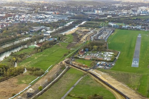 Aerial view, Lippe floodplain experience project, dyke area between city centre and airfield, new
