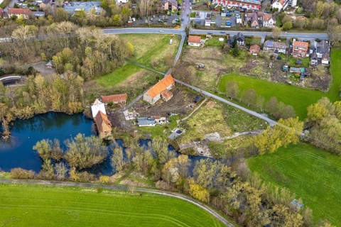 Aerial view, planned renovation of the castle mill on the millrace at the mill pond, Heckmann