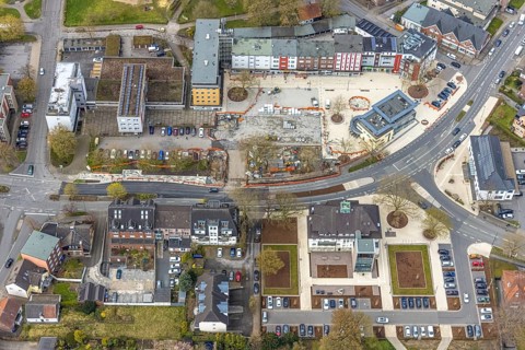 Aerial view, construction site Heessener Markt in the Amtsstraße and Bürgeramt in Heessen, Hamm,