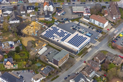 Aerial view, Heessen, Hamm, Ruhr area, North Rhine-Westphalia, Germany, Aldi supermarket,