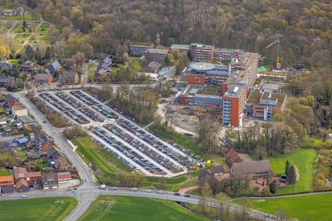 Aerial view, construction site at the St. Barbara Clinic in Heessen, Hamm, Ruhr area, North