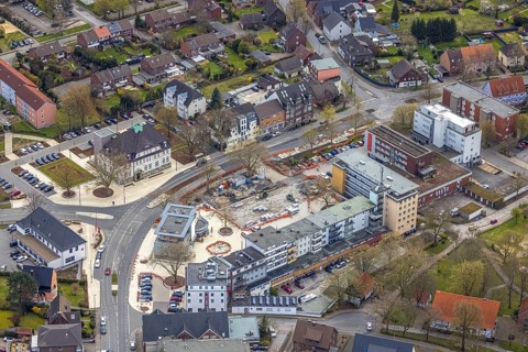 Aerial view, construction site Heessener Markt in the Amtsstraße and Bürgeramt in Heessen, Hamm,