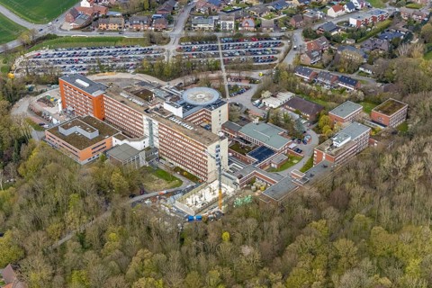 Aerial view, construction site at the St. Barbara Clinic in Heessen, Hamm, Ruhr area, North