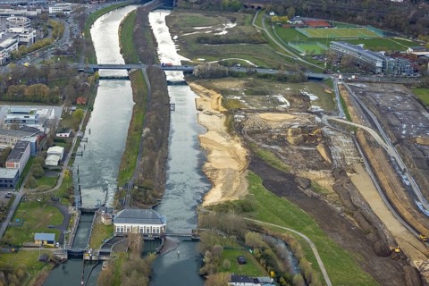 Aerial view, Lippe floodplain experience project, dike area between city centre and airfield, new