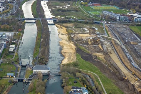 Aerial view, construction area at Jupp-Eickhoff-Weg with river Lippe and Datteln-Hamm canal,