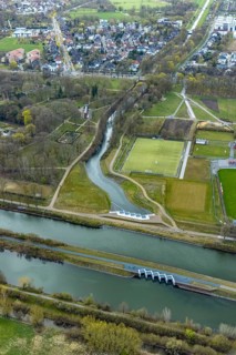 Aerial view, culvert for river Ahse. A pipe system to channel the Ahse water under the Datteln-Hamm