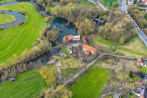 Aerial view, planned renovation of the castle mill on the millrace at the mill pond, Heckmann
