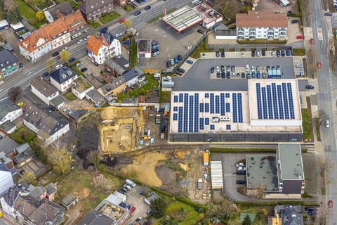 Aerial view, Heessen, Hamm, Ruhr area, North Rhine-Westphalia, Germany, Aldi supermarket,