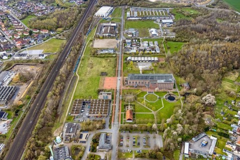 Aerial view, commercial area Ökozentrum Sachsenweg in Heessen, Hamm, Ruhr area, North