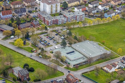 Aerial view, Areal Am Brokhof, Sachsen-Halle in Heessen, Hamm, Ruhr area, North Rhine-Westphalia,