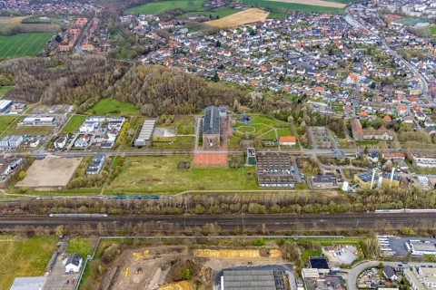 Aerial view, commercial area Ökozentrum Sachsenweg, Alfred-fisherman-Halle in Heessen, Hamm, Ruhr