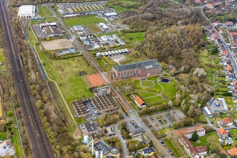 Aerial view, commercial area Ökozentrum Sachsenweg, Alfred-fisherman-Halle in Heessen, Hamm, Ruhr