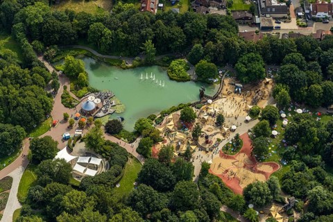 Aerial view, Maximilianpark with fountain pond in Uentrop, Hamm, Ruhr area, North Rhine-Westphalia,