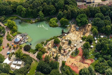 Aerial view, Maximilianpark with fountain pond in Uentrop, Hamm, Ruhr area, North Rhine-Westphalia,