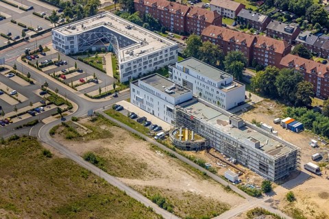Aerial view, Sci:Q student residence and construction site and new building ZFSL Hamm training