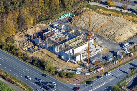 Aerial view, construction area and new building for Mensing Galerie corner Werler Straße and Unnaer