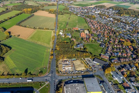 Aerial view, construction area and new building for Mensing Galerie corner Werler Straße and Unnaer