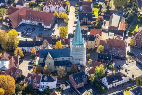 Aerial view, steeple renovation of the catholic church St. Regina in the district Rhynern in Hamm,