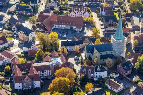 Aerial view, church tower renovation of the catholic church St. Regina and retirement home