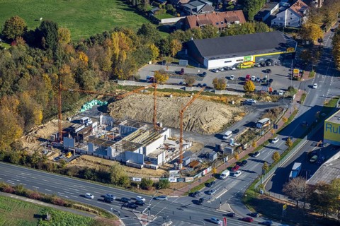 Aerial view, construction area and new building for Mensing Galerie corner Werler Straße and Unnaer