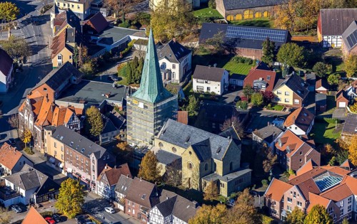 Aerial view, steeple renovation of the catholic church St. Regina in the district Rhynern in Hamm,