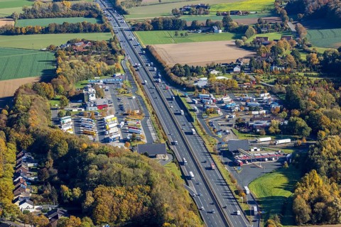 Aerial photo, Rhynern service area on the A2 motorway in the Rhynern district of Hamm, Ruhr area,
