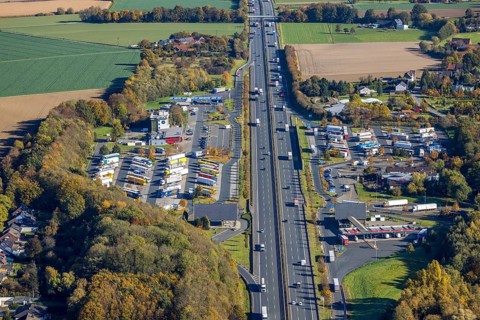 Aerial photo, Rhynern service area on the A2 motorway in the Rhynern district of Hamm, Ruhr area,