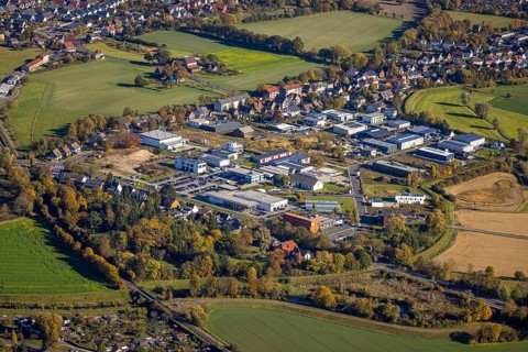 Aerial view, commercial area Hohefeld with Herbert-Rust-Weg in the district Uentrop in Hamm, Ruhr