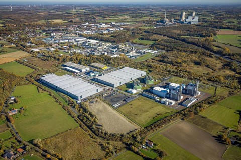 Aerial view, construction site Distribution Park between Trianelstraße and Trianel GasKraftwerk as