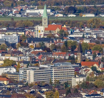 Aerial view, city centre with former Isenbeck brewery site and St. Paul's Church as well as Hamm