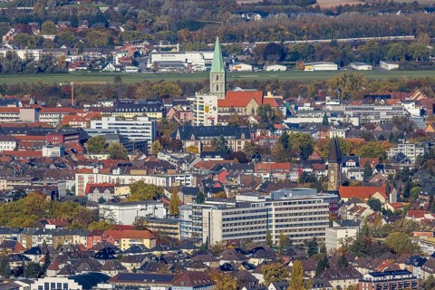 Aerial view, city centre with former Isenbeck brewery site and St. Paul's Church as well as Hamm