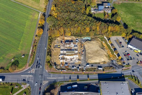 Aerial view, construction area and new building for Mensing Galerie corner Werler Straße and Unnaer