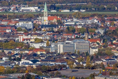 Aerial view, city centre with former Isenbeck brewery site and St. Paul's Church as well as Hamm
