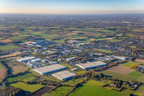 Aerial view, industrial park Rhynern between motorway A2 and federal road B63 in the district