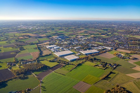 Aerial view, industrial park Rhynern between motorway A2 and federal road B63 in the district