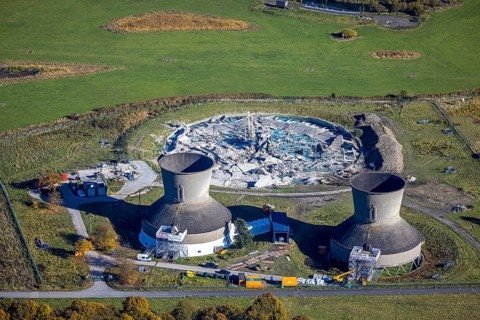 Aerial view, RWE power station Westfalen and blown up cooling tower in the district Uentrop in