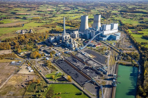 Aerial view, RWE power station Westfalen and blown up cooling tower in the district Uentrop in